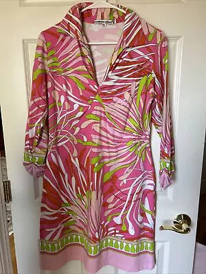 Barbara Gerwit Cotton Knit Dress Size M  Long Slv Elastic Cuff Pink Lime Floral • $39.99