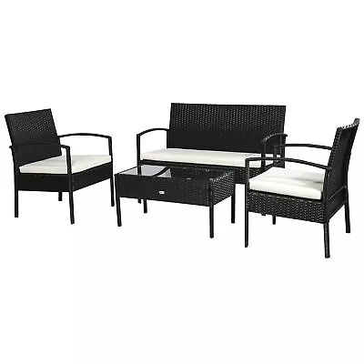 4-Seater Rattan Garden Furniture Set Black Cream Outdoor Patio Bistro • £238.23