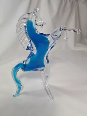 Vintage Murano Glass Rearing Horse Figurine Blue And Clear • £34.99