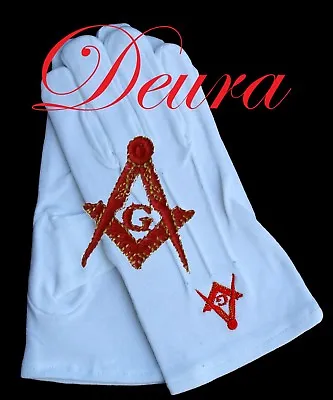Masonic EMBROIDERED White 100% Cotton Gloves Red G Square & Compass Size XL • $11.95