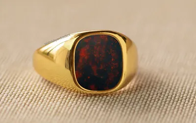 Bloodstone Gemstone Ring Vintage Yellow Gold Signet Mens 925 Silver Cushion Ring • $75.69