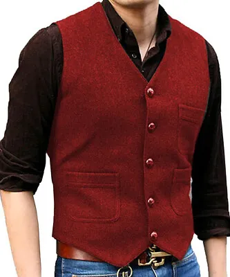 Men Formal Retro Tweed Waistcoat Wool Blend Herringbone Suit Vest Slim Fit Tops • $34.40