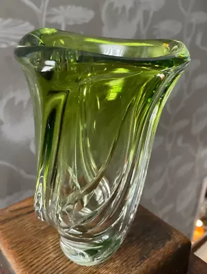Vintage MCM Val St Lambert Crystal Vase 8  Green Signed Heavy Belgium 50s Or 60s • $149.99
