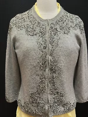 Vintage 1990s Silk Lined Beaded Cashmere Cardigan Sweater S • $10.50