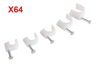 White Cable Clips Wall Tacks Wire Round Clamps Assorted Sizes With Nails 64PC • £3.39