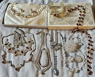 Vintage Jewelry Lot Rhinestone Crystal Earrings Duane Necklace Set Brooch 14 Pcs • $15