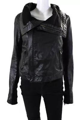 Veda Womens Leather Asymmetric Long Sleeve Biker Jacket Black Size L • $89.99