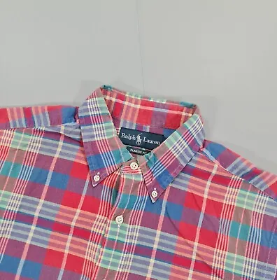 Ralph Lauren Mens Shirt Red Large Tartan Plaid Check Short Sleeves Button Down • £17.99