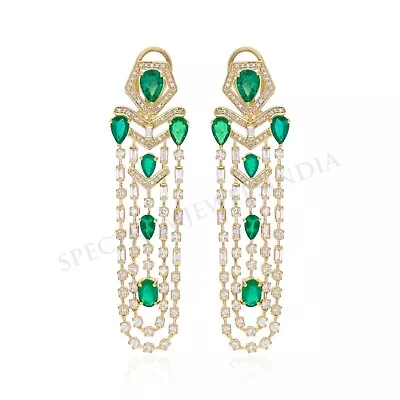 Zambian Emerald H/SI Baguette Diamond Chandelier Earrings 18k Yellow Solid Gold • $4824