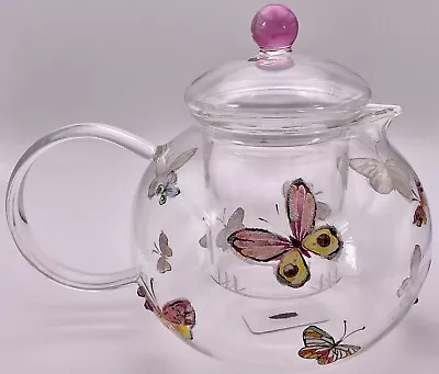 Clear Glass Teapot With Infuser Butterfly Transfer Rhinestones Glitter Boho • $23