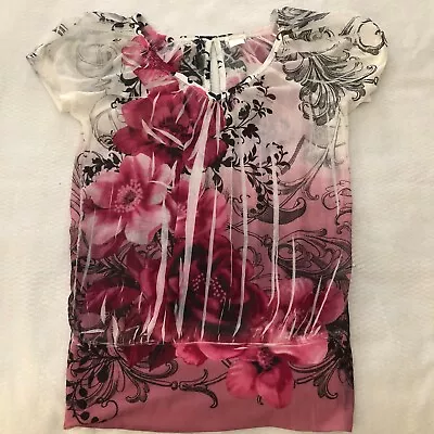 Maurices Womens Blouse Size S Pink White Floral V-Neck Short Sleeve • $8.49