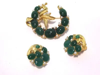 Vintage Signed Bsk Gold Tone Brooch W/clip On Earrings Green And Pearl Stones • $39.95