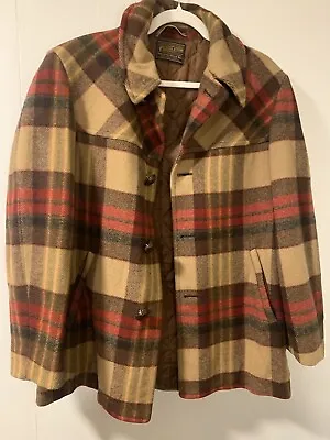 Vtg  Pendleton Car Coat 1950s Plaid Wool Quilt Lined Jacket Leather Buttons L? • $79