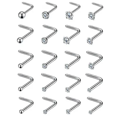 20pcs L-shaped CZ Nose Ring Studs Surgical Steel Body Piercing Jewelry 20G • $11.99