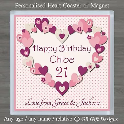 Personalised Pink Love Heart Coaster Or Magnet Any Age & Name Birthday Gift  • £4.25