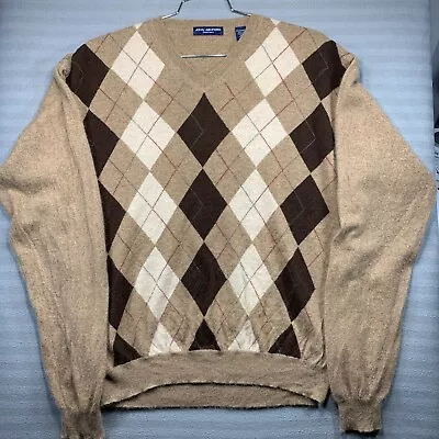 John Ashford Sweater Mens XL Brown 100% Cashmere Argyle V-Neck Preppy • $14.99