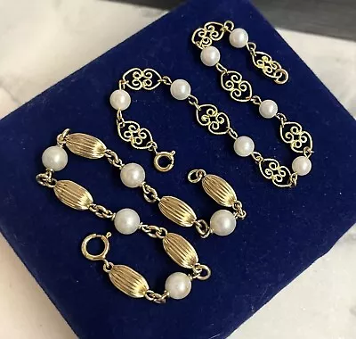 Elegant 2x Various Gold Filled Pearl Bracelet Lot 7” Vintage Gf Vtg Art Deco • $36