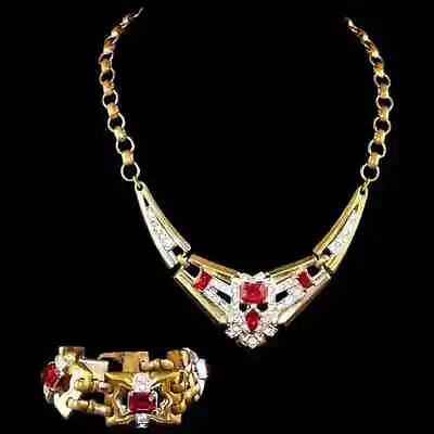 McCLELLAND BARCLAY Deco Ruby Red & Pave Crystal Necklace And Bracelet Set • $510