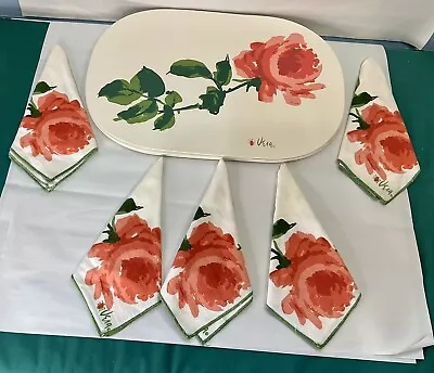 5 Vintage Vera Neumann Signed Long Stem ROSE Vinyl Placemats + 5 Linen Napkins • $48