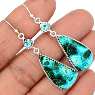 Natural Malachite - Morocco & Blue Topaz 925 Silver Earrings Jewelry CE20259 • $20.99