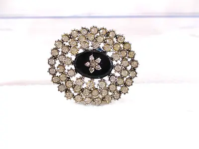 VTG Domed Layered Oval Rhinestone Brooch Black Glass Center W/ Flower Free Ship • $10