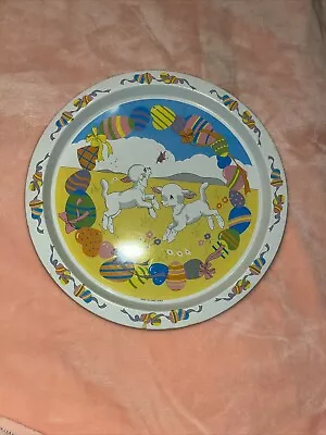 Vintage Round Easter Metal Tray With Lambs And Colorful Eggs • $3.99