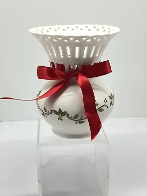 Mikasa Holiday Lace 6  White Vase Holly Reticulated Edge Red Ribbon • $6.99