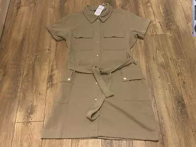 Next Beige Tan Safari Utility Army Summer Military Holiday Shirt Dress Bnwt 18 • £14.99