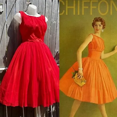 Vtg Hollywood Glam 1950s Red Tulle Cupcake Chiffon Party Dress S/M 38/26 Prom • $329