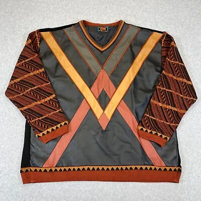 Steven Land Sweater Men's 4X Orange Leather Chunky Knit Sleeve Pullover VTG 90s • $121.60