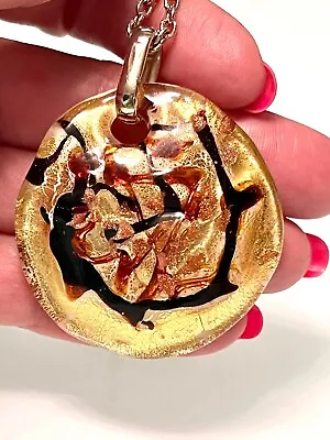 Vintage Murano Glass Signed 2”/gold/brown Pendant W Gp Bale &24” Chain • $139