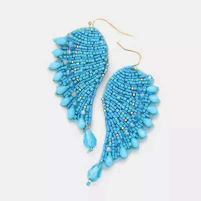 Angel Wings Earrings Sequins Bead Seed Beaded Felt Back 3.5  Jewelry TURQ 4518 • $14.99