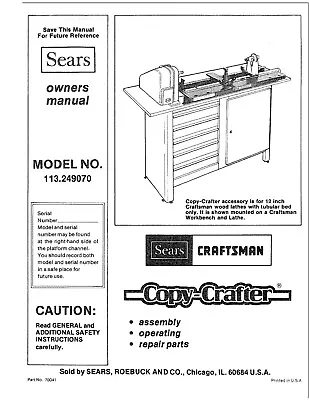 Copy Crafter Instruction Operators Manual Fits Craftsman 113.249070 • $19.90