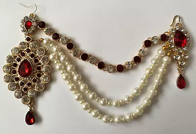 Indian Pearl  Gold Red Crystal Jewellery  Hijab Head Piece Tikka Matha Patti • £16.99