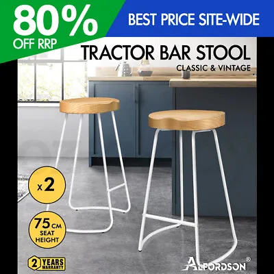 $144.95 • Buy ALFORDSON 2x Bar Stools 75cm Tractor Kitchen Wooden Vintage Chair White
