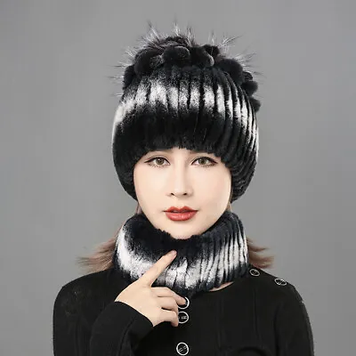 Winter Fur Hats Scarf Women Real Rex Rabbit Warm Beanie Cap With Fox Fur Fluffy • $25.49