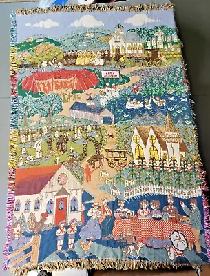 Vintage Church Village Tapestry Blanket Fringe 44  X 67  Farmhouse Wedding • $29.74