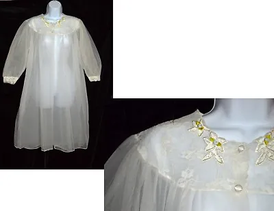 VTG White Sheer Chiffon FANCY LACE Peignoir Nightgown S • $22
