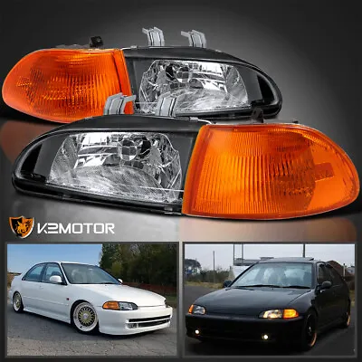 Fits 1992-1995 Honda Civic EG EH EJ 4Dr Sedan Black Headlights+Corner Lamps Pair • $72.38