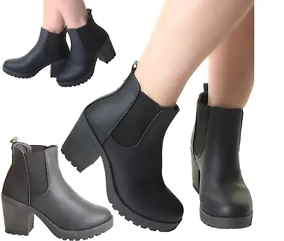 £14.99 • Buy Woman's Chunky Grip Sole Block High Heel Chelsea Stretch Black Ankle Boots Shoes