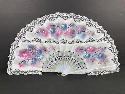 Floral White Lace Pink Blue Flowers Womens Fan Vintage Collectible Asian Motif • $3.96