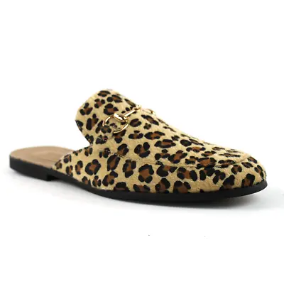 Mens Tan Leopard Suede Backless Slip On Mule Gold Buckle Loafers Shoes AZARMAN • $38.99