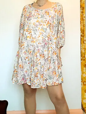 H&M Floral Summer Dress S M Loose Puff 3/4 Sleeve Smock Drop Waist Flower Power • £20