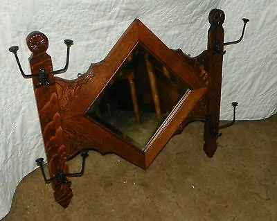 Quartersawn Oak Carved Hall Tree Mirror  (MIR-32) • $599