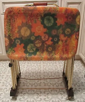 Vintage Fiberglass TV Trays With Rolling Stand Set Of 4 Orange Flowers EXCELLENT • $179