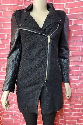 Zara Woman Vegan Leather Sleeve Boucle Coat Black Wool Blend Size M #W2 • $79.10