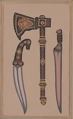 Indo Islamic Arms Art Handmade Decorated Dagger Axe Sword Mughal Weapon Painting • $59.99