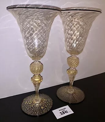 2 Murano Wine Glasses Venetian Italy Gold Fleck Black Rim Elegant Stemware Vtg • $213.75