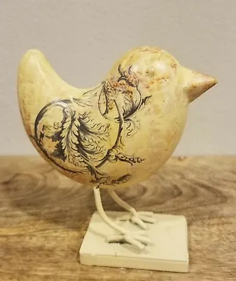 Small Metal Bird Statue On Stand / Yellow Brown Black Floral Decoupage Look 4 T • $12