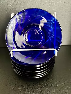 Vereco France Cobalt Blue Glass Set Of 8 Saucer Plates 5  Swirl Design • $19.99